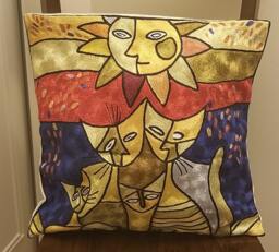 "Handmade Silk Embroidery Cushion Cover Abstract Cat Design - 16""x16"