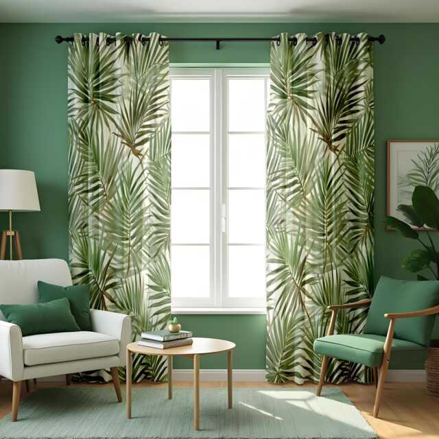 Green Palm Curtains, Tropical Botanical Leaf Pattern Drapes, Custom Made Window Panels For Modern Natural Home Interiors - image 1