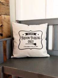 Broom Parking Only Halloween Linen Pillow Cover - Farmhouse Fall Decor - thumbnail 1