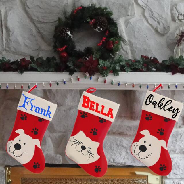Personalised Dog Or Cat Stocking For Pets - Christmas Embroidered With Name Xmas Treat Bag Red Pet Head - image 1