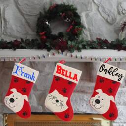 Personalised Dog Or Cat Stocking For Pets - Christmas Embroidered With Name Xmas Treat Bag Red Pet Head - thumbnail 1