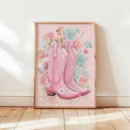 Pink Cowgirl Boots Wall Art Western Floral Print, Pastel Country - Main Image