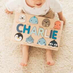 Name Puzzle With Animals, Ocean Nursery Decor, Toddler Montessori Toys, First Birthday Gift, Wooden Educational Toy, Custom Baby Shower Gift - thumbnail 1