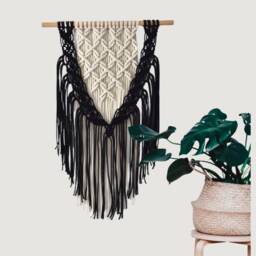 Hanging Wall Tapestry in Black Macrame A Boho Style. Macrame Art For Interior Design - thumbnail 1