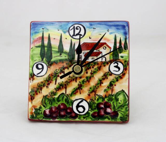 Italian Ceramic Desk & Wall Clock With Tuscan Grapes Landscape, Hand Painted Table Made in Italy - image 1