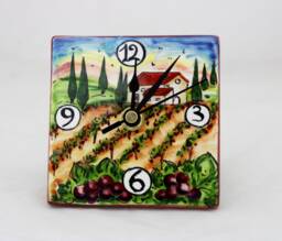 Italian Ceramic Desk & Wall Clock With Tuscan Grapes Landscape, Hand Painted Table Made in Italy