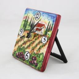Italian Ceramic Desk & Wall Clock With Tuscan Grapes Landscape, Hand Painted Table Made in Italy - thumbnail 2