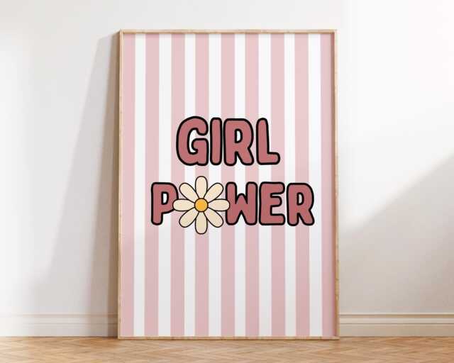 Girl Power Wall Art - Kids Bedroom Flower Poster Positive Quotes Playroom Nursery Print Retro Checkerboard Affirmation - image 1