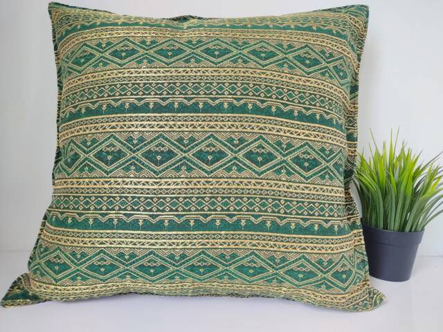 Green Cushion Cover With Golden Shine, Case, Hippie Cover, Sofa Pillow, Eclectic Cushion, 18 Inch Throw Pillow - image 1