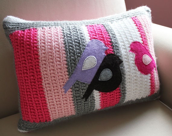 Crochet Throw Pillow Pink/Grey/White Birds, Decorative Pillow, Initial, Baby Girl Gift, Nursery, 12 X 16 Lumbar - image 1