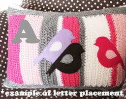 Crochet Throw Pillow Pink/Grey/White Birds, Decorative Pillow, Initial, Baby Girl Gift, Nursery, 12 X 16 Lumbar - thumbnail 3