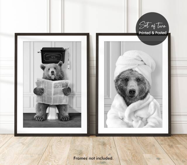 Set Of 2, His & Hers, Funny Bear Bathroom Prints, On The Toilet in Bathrobe, Valentines Day Or Anniversary Prints