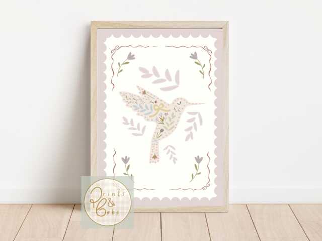 Pretty Floral Hummingbird Print. Wall Art Perfect For Girls Rooms, A Playroom Or Baby Nursery - Unframed - image 1