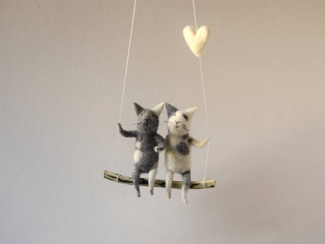 Cats On Swing, Felted Animal, Cat, Cat Mobile, Baby Crib Mobile, Nursery Decor - image 1