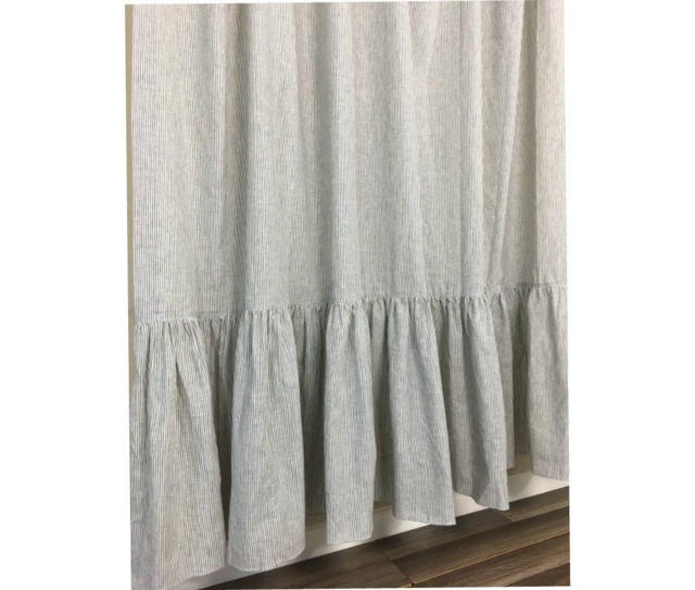 Black & White Ticking Striped Shower Curtain With Mermaid Long Ruffles, Custom Size Shower Curtain - image 1