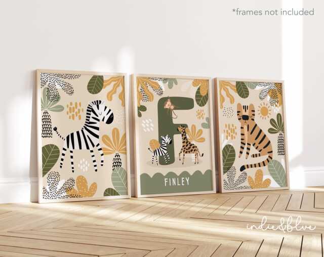 Set Of 3 Personalised Safari Animals Nursery Prints, Name Print, Tiger & Zebra Jungle Playroom Prints - image 1