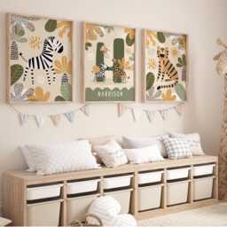 Set Of 3 Personalised Safari Animals Nursery Prints, Name Print, Tiger & Zebra Jungle Playroom Prints - thumbnail 3