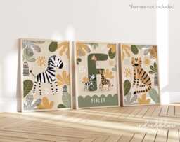 Set Of 3 Personalised Safari Animals Nursery Prints, Name Print, Tiger & Zebra Jungle Playroom Prints - thumbnail 1