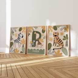 Set Of 3 Personalised Safari Animals Nursery Prints, Name Print, Tiger & Zebra Jungle Playroom Prints - thumbnail 2