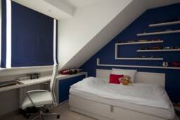 Relaxed Roman Shade, Navy Linen With White Inset Borders, Custom Window Treatment