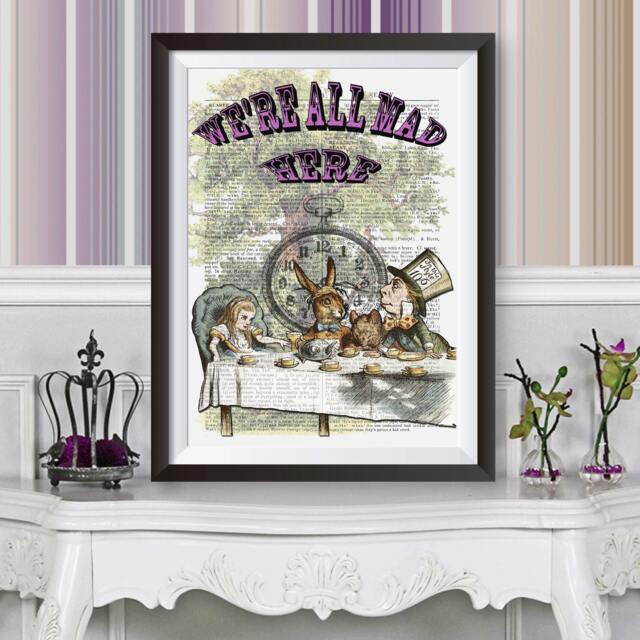 Alice in Wonderland Art, Mad Tea Party Wall Decor Poster Dictionary Book Page Background - image 1