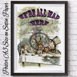 Alice in Wonderland Art, Mad Tea Party Wall Decor Poster Dictionary Book Page Background - thumbnail 2