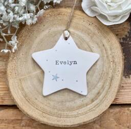 Personalised Name Decoration - Bespoke Ceramic Star Baby Birth Keepsake Personalised Christmas Bauble Newborn Ornament - thumbnail 1