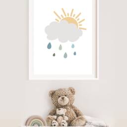 Boys Raincloud Nursery Print, Bedroom Decor, Raincloud, Sun, Wall Art, Playroom, Kids Muted Blue - thumbnail 3