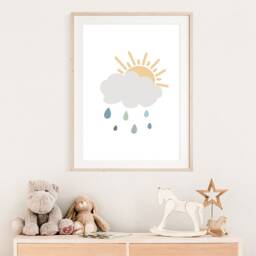 Boys Raincloud Nursery Print, Bedroom Decor, Raincloud, Sun, Wall Art, Playroom, Kids Muted Blue - thumbnail 2