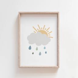 Boys Raincloud Nursery Print, Bedroom Decor, Raincloud, Sun, Wall Art, Playroom, Kids Muted Blue - thumbnail 1