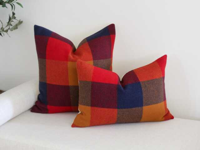 Copper & Red Buffalo Check Wool Pillow Cover, Fall Plaid Cover - Made To Order - image 1