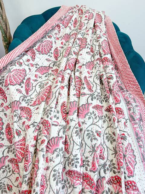 Kantha Stitch Pure Cotton Reversible Bed/Sofa Throw King Size - Handmade Handprint Floral Dohar White Pink Grey Waterlily Garden Stripe - image 1