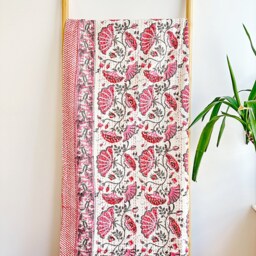 Kantha Stitch Pure Cotton Reversible Bed/Sofa Throw King Size - Handmade Handprint Floral Dohar White Pink Grey Waterlily Garden Stripe - thumbnail 2
