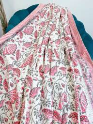 Kantha Stitch Pure Cotton Reversible Bed/Sofa Throw King Size - Handmade Handprint Floral Dohar White Pink Grey Waterlily Garden Stripe - thumbnail 1