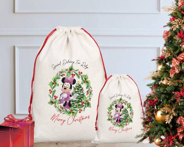 Personalised Minnie Sack, Christmas Sack/stocking, Santa Birthday Easter Toy Eve, First Gift - image 1