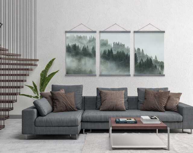 Set Of 3 Pine Tree Fog Trio On Canvas With Wooden Poster Hangers - Wall Hanging - Frame - Nature Decor - Panel - image 1
