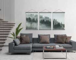 Set Of 3 Pine Tree Fog Trio On Canvas With Wooden Poster Hangers - Wall Hanging - Frame - Nature Decor - Panel - thumbnail 1