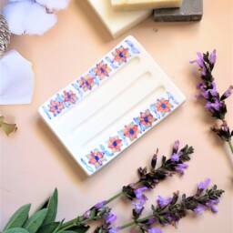 Floral Handmade Ceramic Soap Dish - Self-Draining Rectangular Holder - thumbnail 2