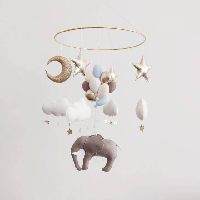 Elephant Baby Mobile Handmade Nursery Crib Decor - Moon & Stars - image 1