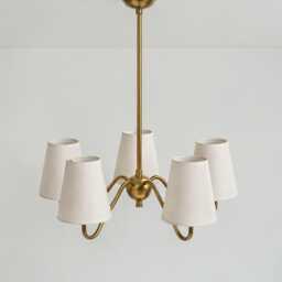 Mid Century Modern 5 Light Brass Chandelier With White Fabric Shade Ceiling Fixture - Luxury Dining Room & Living Pendant - thumbnail 3