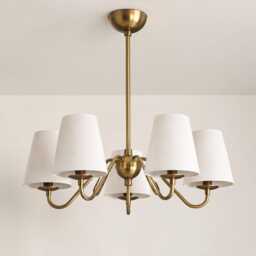 Mid-Century Modern Brass Chandelier, 5-Light Fabric Shade Pendant Light