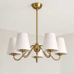 Mid Century Modern 5 Light Brass Chandelier With White Fabric Shade Ceiling Fixture - Luxury Dining Room & Living Pendant - thumbnail 2