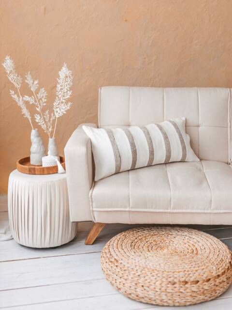 Off-White Striped Lumbar Pillow Cover, Neutral Tone Linen Cushion Case, Rectangle Bohemian Minimalist Decorative Sofa Pillowcase - image 1