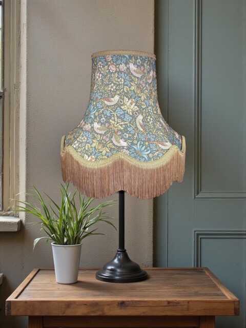 Handcrafted William Morris Teal Strawberry Thief Fabric Lampshade Antique Gold Braid Fringe - Bespoke Handmade - image 1