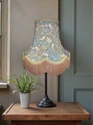 Handcrafted William Morris Teal Strawberry Thief Fabric Lampshade Antique Gold Braid Fringe - Bespoke Handmade