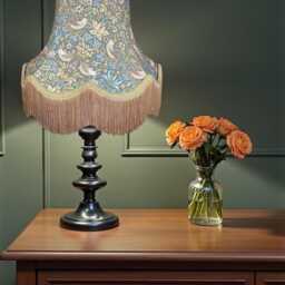 Handcrafted William Morris Teal Strawberry Thief Fabric Lampshade Antique Gold Braid Fringe - Bespoke Handmade - thumbnail 2