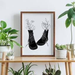 Floral Boots Line Art Print Grunge Home Decor - thumbnail 2