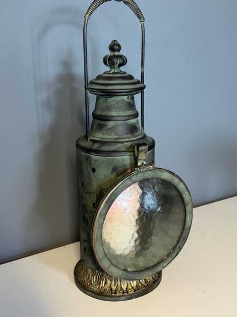 Vintage Railway Style Lantern, Aged Metal & Glass Candle Holder - image 1