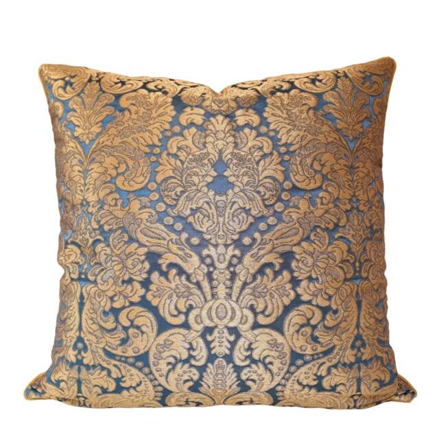 Lumbar Throw Pillow Rubelli Tebaldo Blue & Gold Silk Brocatelle Fabric Cushion Cover - Made in Italy - image 1