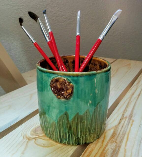 Turquoise Green Amber Yellow Brown Handmade Ceramic Kitchen Storage, Carved Texture Striped Grass Vase, Rustic Home Decor, Office Storage - image 1